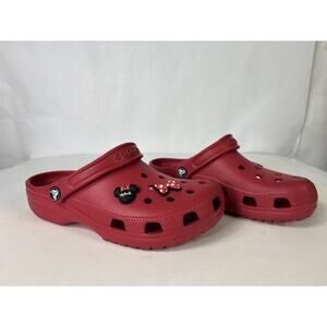 Crocs Mens 6 Womens 8 Red Classic Slip On Slide Clog Sandals Minnie Mouse Charms